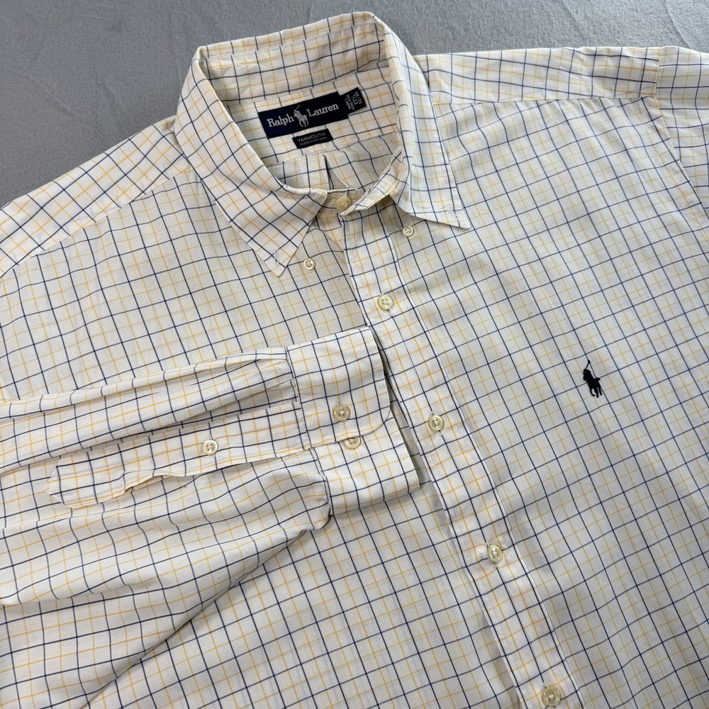 Ralph Lauren Yarmouth Shirt Mens 17.5 32/33 White Yellow Blue Check Button-down